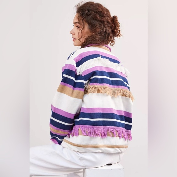 Anthropologie Alexandra Bueno Colorful Striped Fringed Jacket Size Large - Picture 4 of 6